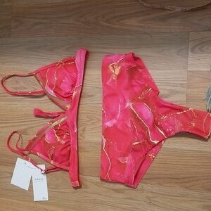 Nwzlc 2 Piece Swimsuit Bikini Top High Rise Gold Orange Marble Print Womens Smal